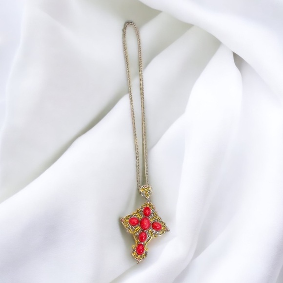 Stunning Pink Cabochon Stones Cross Necklace - Picture 2 of 2